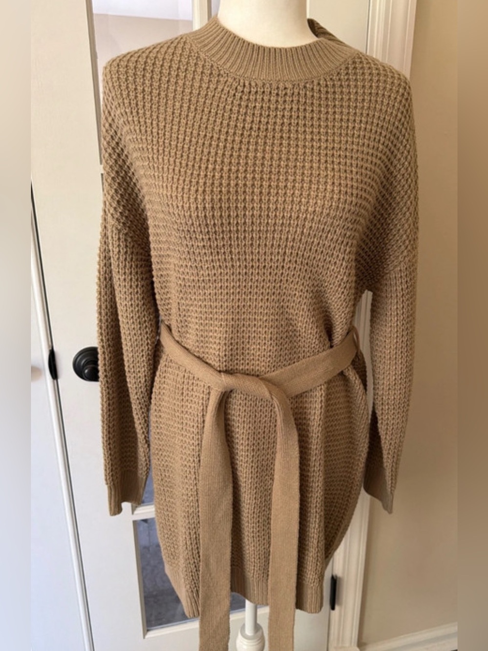 Belted Waffle-Knit Crew Sweater Dress - Camel